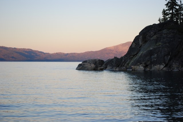 Looking east from our anchorage to Rubicon Point, as the sun is setting.