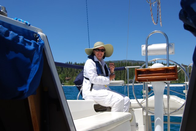 Debbie modeling her new sun-protection outfit aboard Splendido.