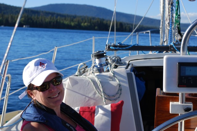 Debbie aboard Splendido, her 1993 Catalina 270, at Lake Tahoe.