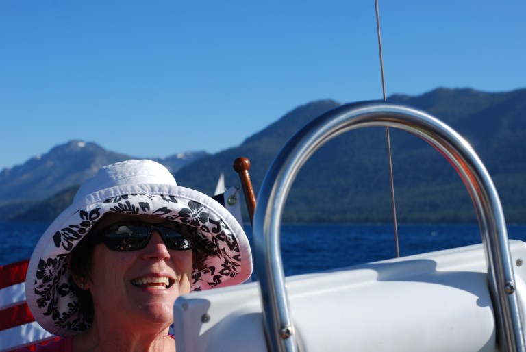 Debbie helming Splendido on Lake Tahoe, July 16, 2016.