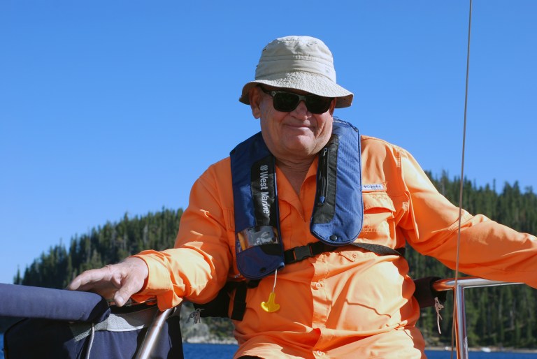 Mike Bryant, Ph.D. enjoying the cat-bird's seat aboard Splendido at Lake Tahoe, July 16, 2016.