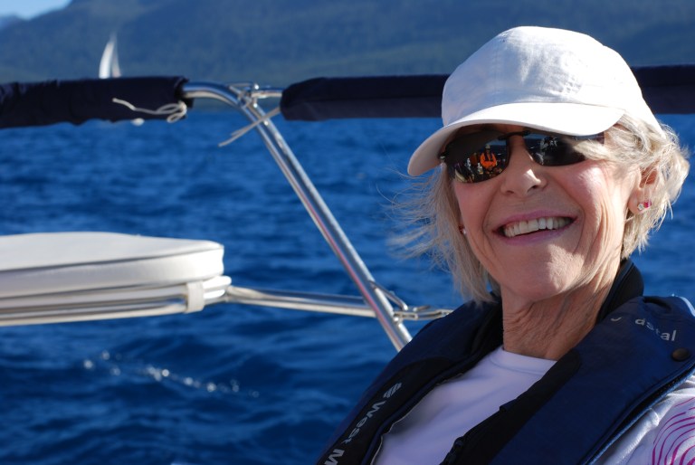 Patty Bell enjoying balmy breezes aboard Splendido at Lake Tahoe, July 16, 2016.