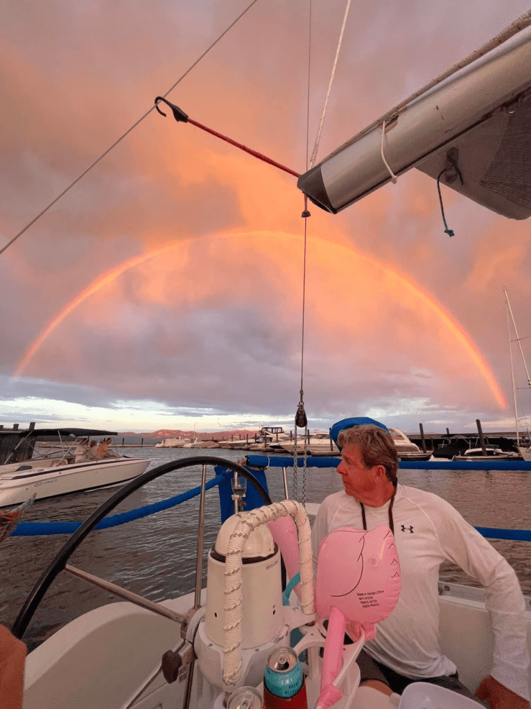 All's well that ends well. Fred and Grand Cru, safe in the harbor at Tahoe City Marina, north shore, Lake Tahoe.