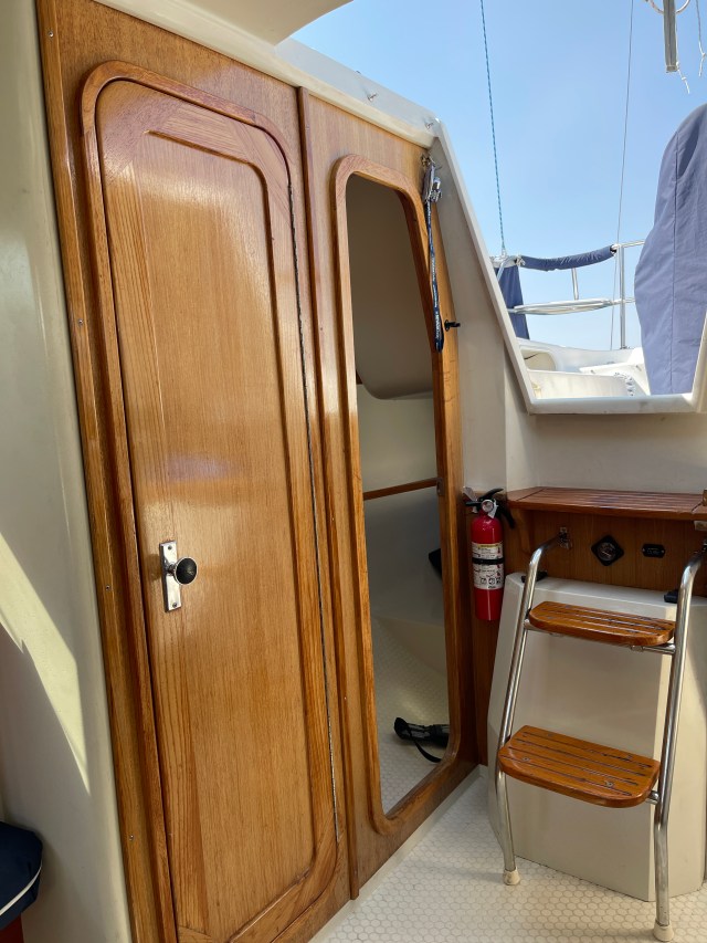 A photo of newly-oiled interior woodwork aboard Splendido, a 1993 Catalina 270 that sails at Lake Tahoe.